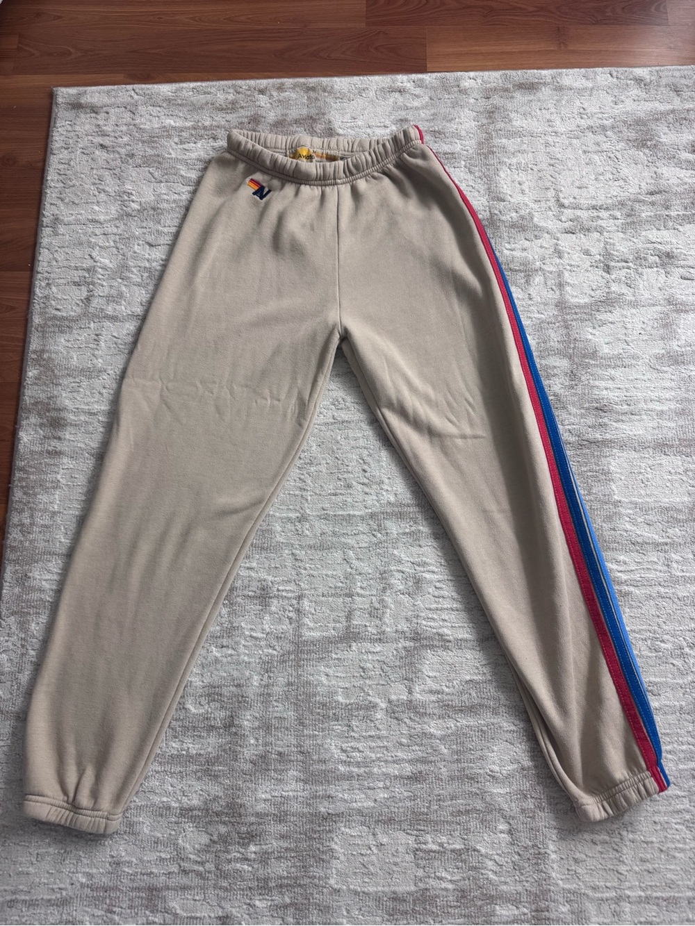 Aviator nation Beige Striped Track Pants with Blue & Red Side Stripe - Picture 3 of 5